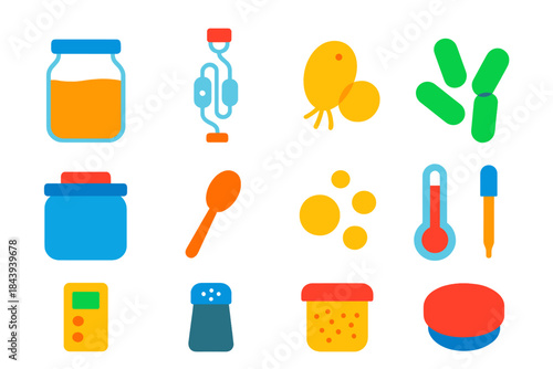 Fermentation Essentials Icons. Flat vector icons of fermentation basics: glass jar, bubbling airlock, yeast cell, lactic acid