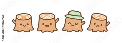 Cute cartoon tree stumps with faces and expressions