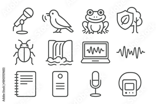 Soundscape Study Icons. Line style icons of Soundscape Study: Microphone Stand, Animal Sounds, Environmental Quality, Analysis;