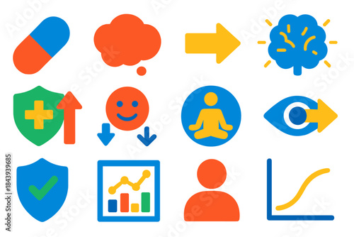 Placebo Effect Icons. Flat vector icons of placebo effects on immunity: pill icon, thought bubble, expectation arrow, brain signal