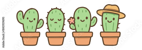 Cute kawaii cactus characters in pots with hat and flower