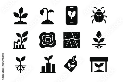 Crop Monitoring Icons. Solid style icons of Crop monitoring: healthy plant, wilting plant, leaf scanner, pest detection, growth