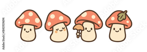 Cute mushroom characters with smiling faces and playful expressions