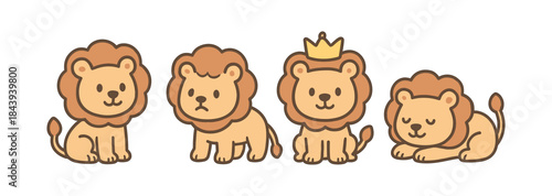 Cute cartoon lions in different poses with crown on white background