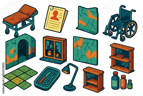 Forgotten Asylum Objects. Isometric vector illustration set Forgotten Asylum: corroded gurney, faded patient chart, hollow hallway