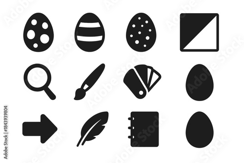 Egg Pattern Icons. Solid style icons of pigmentation and color patterns: spotted egg, striped egg, speckled egg, gradient pattern,