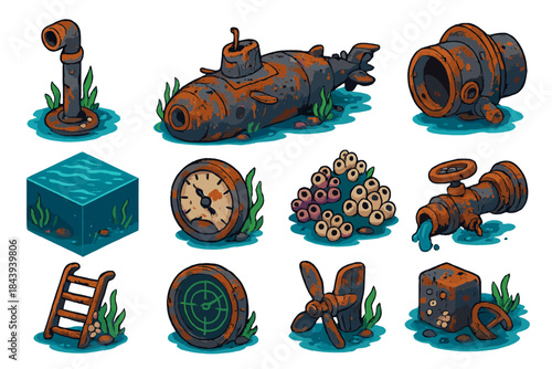 Abandoned Submarine Icons. Isometric vector illustration set Abandoned Submarine: corroded periscope tube, decaying hull, jammed