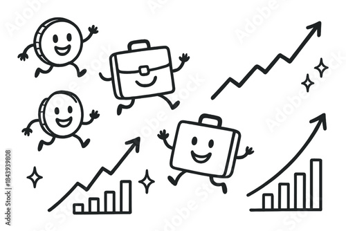 Joyful Economic Growth. Playful doodle economic opportunity illustration with happy coins, cartoon briefcases jumping, smiling