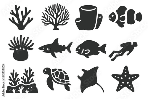 Coral Reef Icons. Solid style icons of Coral night reef: branching coral, sea fan, sponge, clownfish, glowing anemone, reef shark,