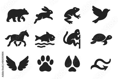 Animal Movement Icons. Solid style icons of animal locomotion types: walking, running, jumping, flying, galloping, swimming,