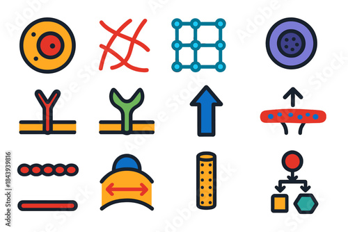 Mechanobiology Flat Icons. Flat vector icons of mechanobiology concepts: cell, cytoskeleton, extracellular matrix, nucleus,