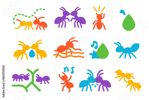 Ant Communication Icons. Flat vector icons of ant communication methods: pheromone trail, antennal touch, alarm signal, food