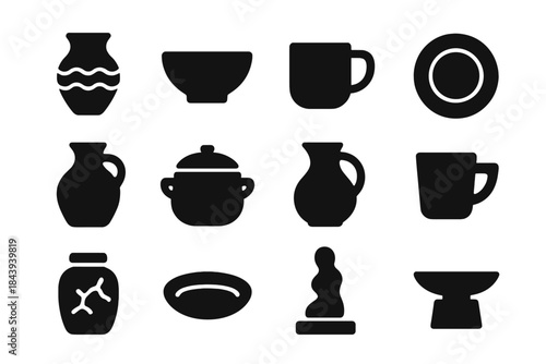 Solid Style Ceramics. Solid style icons of Fired Creations: Glazed Vase, Matte Bowl, Shiny Mug, Porcelain Plate, Stoneware Jug,