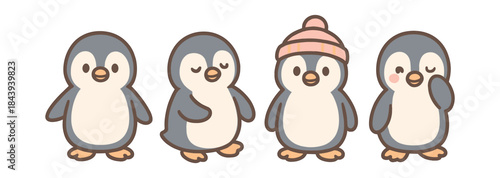 Cute cartoon penguins with different expressions and winter hat