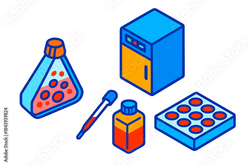 Cell Culture Essentials. Isometric vector illustration set Cell Culture Essentials: Flask with growing cells, CO₂ incubator unit,