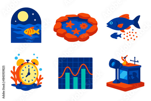 Chronobiology Marine Life. Isometric vector illustration set Chronobiology of marine organisms: moonlit ocean scenes, tidal pools,