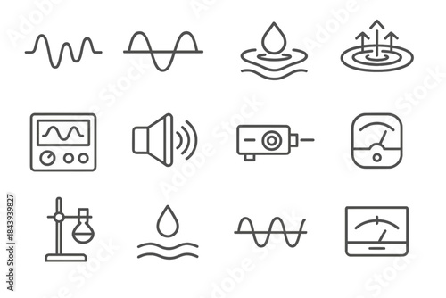 Wave Phenomena Icons. Line style icons of Wave Phenomena: Sound Wave, Standing Wave, Floating Droplet, Anti-Gravity Field;
