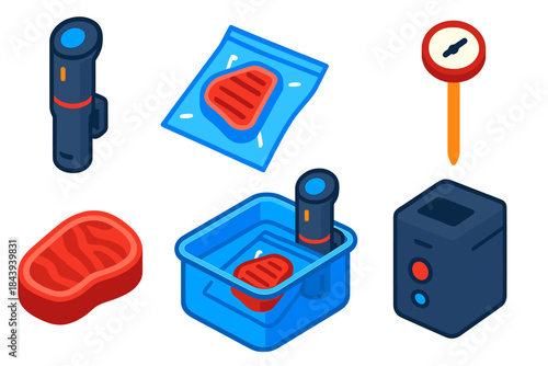 Sous-Vide Cooking Tools. Isometric vector illustration set Sous-Vide Cooking: immersion circulator, vacuum-sealed bag, water bath