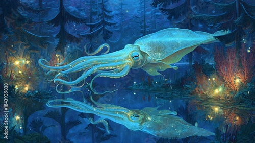 Giant Squid Swimming in Dark Ocean with Bioluminescent Lights
