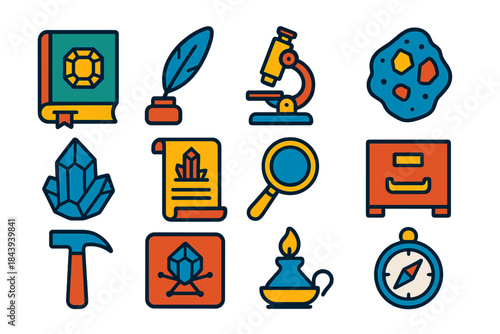 Historic Geology Icons. Flat vector icons of Historic Mineral Study: geology book, ink quill, early microscope, hand specimen,