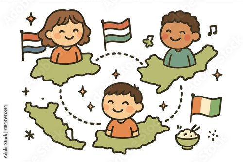 Joyful Global Connection. Cute doodle transnational identity scene with smiling characters connected by cartoon dotted lines