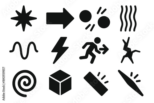 Physics Icons Set. Solid style icons of energy transformation and physics concepts: spark, arrow, collision, vibration lines, wave