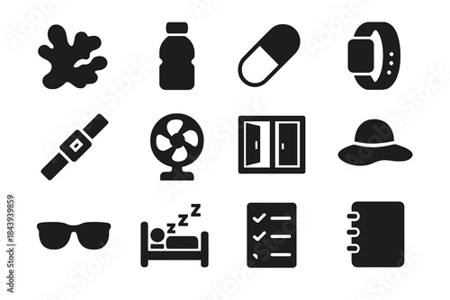 Mitigation Strategies Icons. Solid style icons of mitigation strategies and coping: ginger root, water bottle, medication pill,
