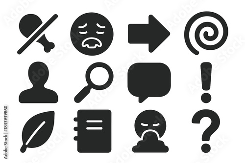 Cultural Disgust Icons. Solid style icons of cultural construction of disgust: crossed-out food, nauseated face, arrow, spiral,