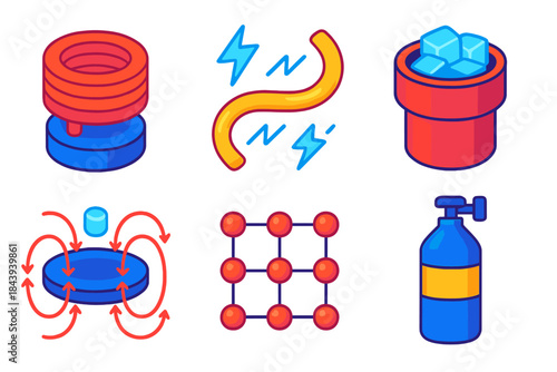 Superconductive Elements. Isometric vector illustration set Superconductivity: superconducting coil, zero resistance wire icon,