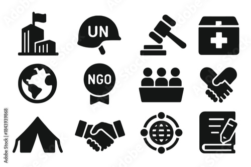 International Organizations Icons. Solid style icons of International Organizations: UN building, peacekeepers helmet, gavel,