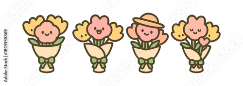 Cute cartoon flowers with happy faces in bouquet