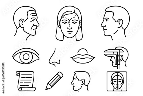 Historical Physiognomy Icons. Line style icons of Historical Physiognomy: Forehead Wrinkle Reading, Face Mapping, Character