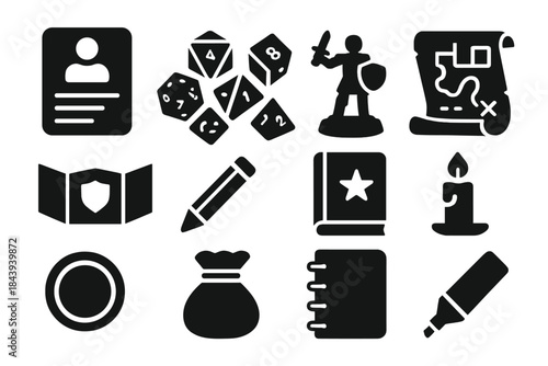 Tabletop Roleplay Icons. Solid style icons of Tabletop Roleplay: Character Sheet, Dice Set, Miniature Figure, Dungeon Map, GM