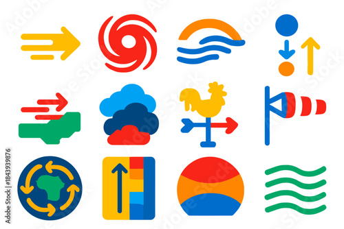 Vibrant Weather Icons. Flat vector icons of wind and atmospheric patterns: wind arrow, cyclone icon, jet stream, pressure system,