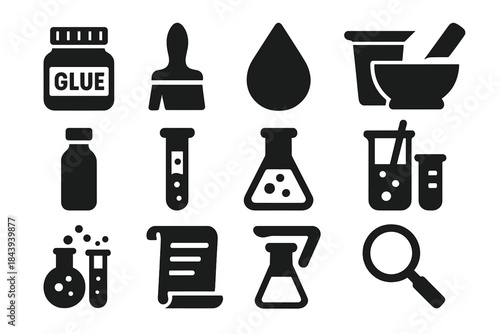 Historical Adhesives Icons. Solid style icons of historical adhesives and chemistry: glue jar, brush, resin drop, mortar, vial,