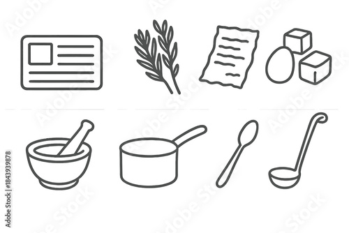 Heirloom Cooking Icons. Line style icons of Heirloom Cooking: Vintage Recipe Card, Dried Herbs, Handwritten Notes, Forgotten
