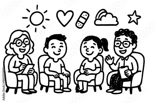 Therapeutic Doodle Session. Playful doodle trauma counseling session with happy therapists, cartoon patients sitting on cozy