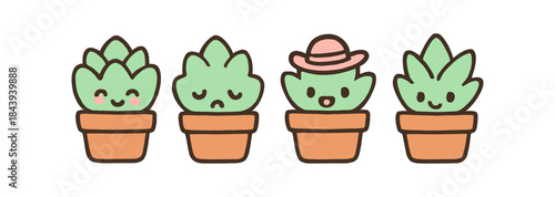 Cute kawaii succulents with expressions and hats