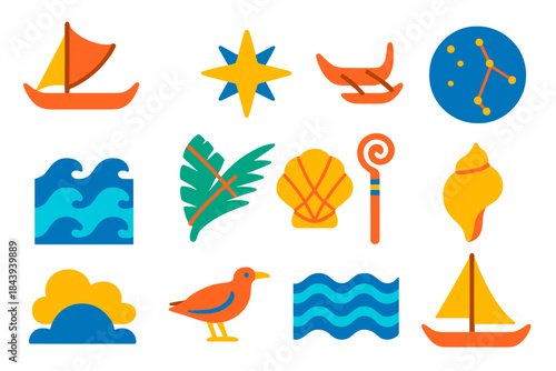 Polynesian Wayfinding Icons. Flat vector icons of Polynesian wayfinding: canoe, outrigger, star compass, constellation map, ocean