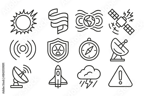 Celestial Disturbance Icons. Line style icons of Celestial Disturbances: Solar Flare, Aurora Ribbon, Geomagnetic Storm, Satellite