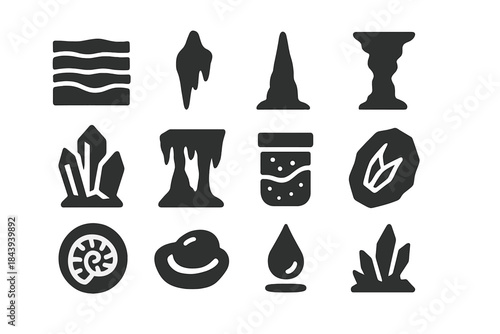 Subterranean Geology Icons. Solid style icons of Subterranean Geology: Rock Layers, Dripstone, Stalagmite, Cave Column, Calcite