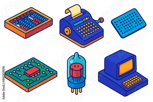 Computing Evolution Icons. Isometric vector illustration set History of Computing: ancient abacus, mechanical calculator, punched