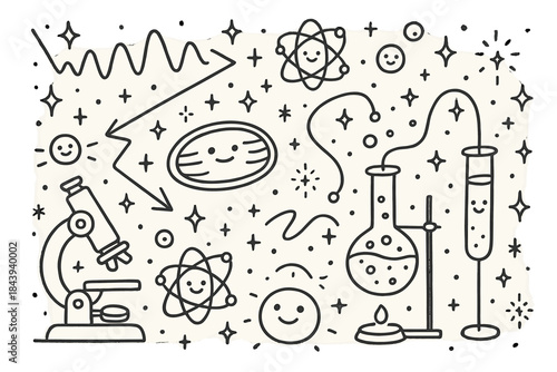 Whimsical Quantum Biology Lab. Whimsical doodle quantum biology lab with smiling chloroplasts, cartoon light beams bouncing,