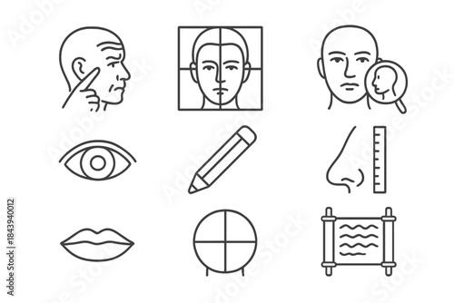 Historical Face Analysis Icons. Line style icons of Historical Face Analysis: Forehead Wrinkle Reading, Face Mapping, Character