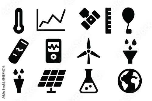 Climate Science Icons. Solid style icons of Climate Science: Thermometer, Graph Chart, Satellite, Measuring Pole, Ice Core Sample,