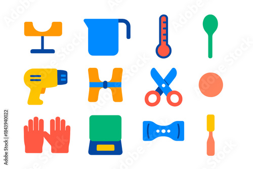 Candle Tool Icons. Flat vector icons of Candle Tools: wick holder, pouring pot, wax thermometer, stirring spoon, heat gun, mold