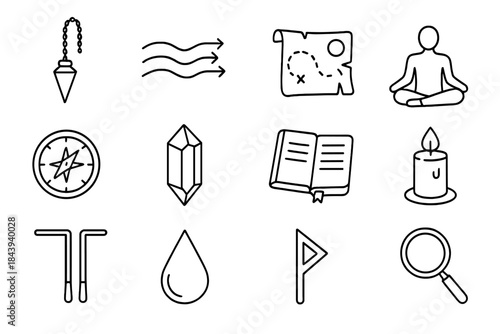 Esoteric Mapping Icons. Line style icons of Esoteric Mapping: Pendulum, Energy Flow, Dowsing Map, Nontraditional Practice; Compass