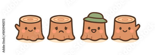 Cute cartoon tree stumps with various expressions and accessories