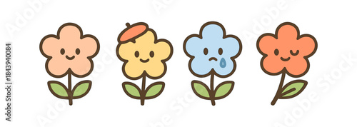 Cute cartoon flowers with different expressions in pastel colors