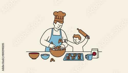 A kitchen scene with a parent and child baking cookies shaped like letters discussing the alphabet and spelling while mixing ingredients.